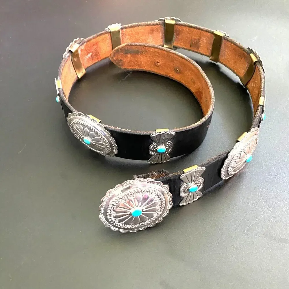 LF DESIGNS 1970s Sterling Silver and Turquoise Concho Black Leather Belt Buckle